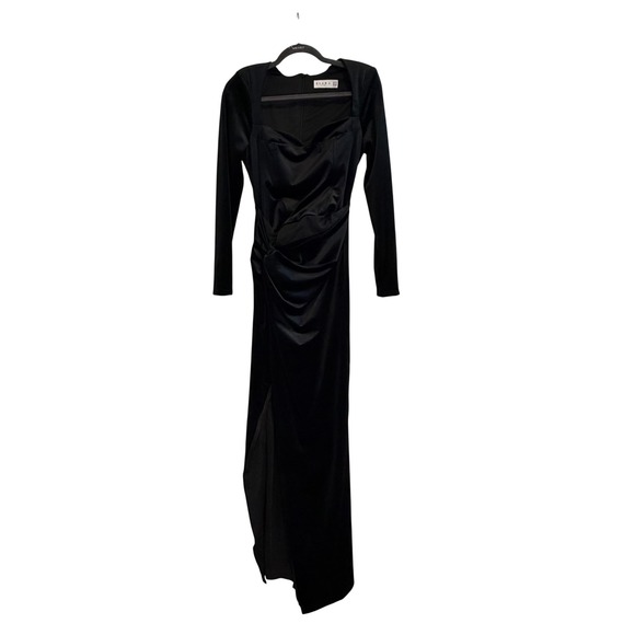 Club L London Dresses & Skirts - CLUB L LONDON Black Velvet Long Sleeve Corset Style Knot With Slit Size 6